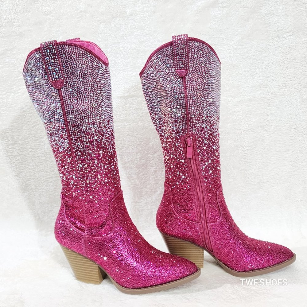 Posh Wild Ones Fuchsia Ombre Rhinestone Western Cowgirl Knee Boots Hot Pink